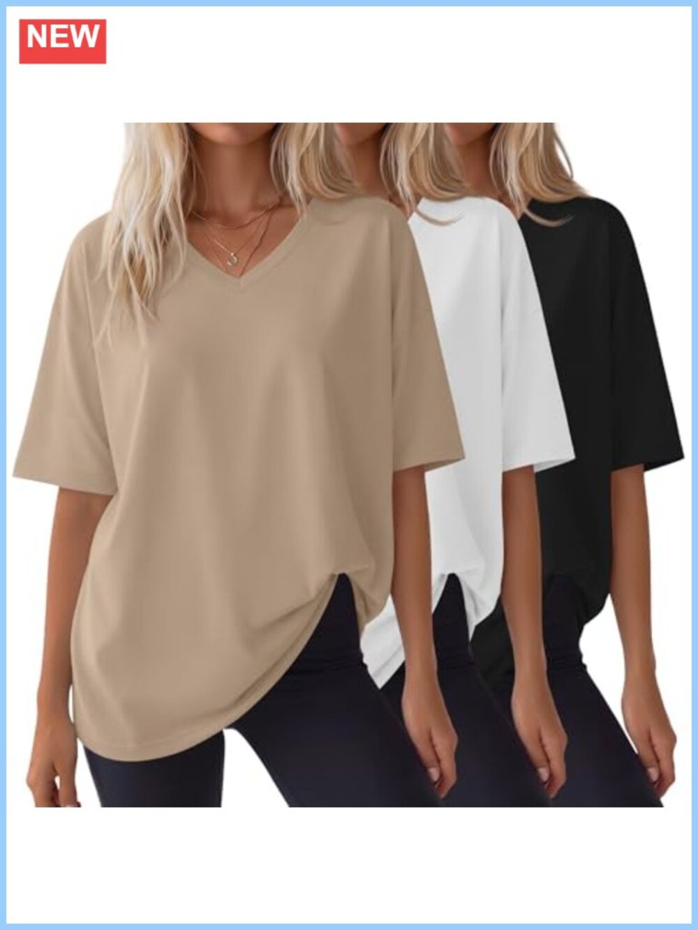 3 Pack Women's Oversized V Neck Drop Shoulder T-Shirts Cotton Blend Tee
